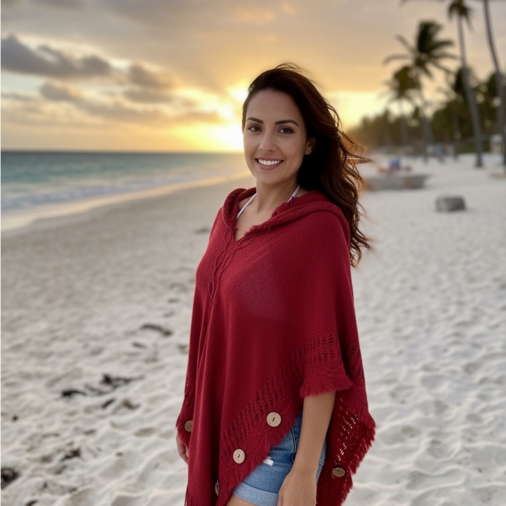 Chic Red Poncho with Button Details, NWT, One Size